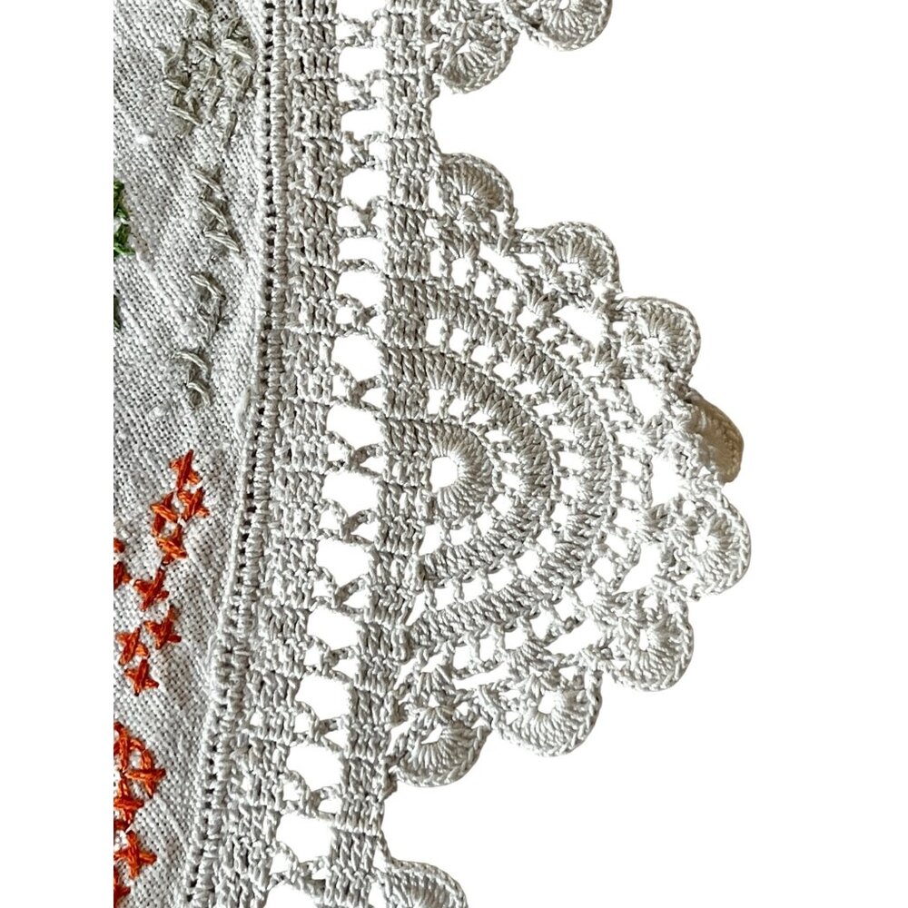 Round Embroidered Tablecloth Cross-Stitch Crocheted Scalloped Edges 38.5 Dia VTG - Picture 8 of 10